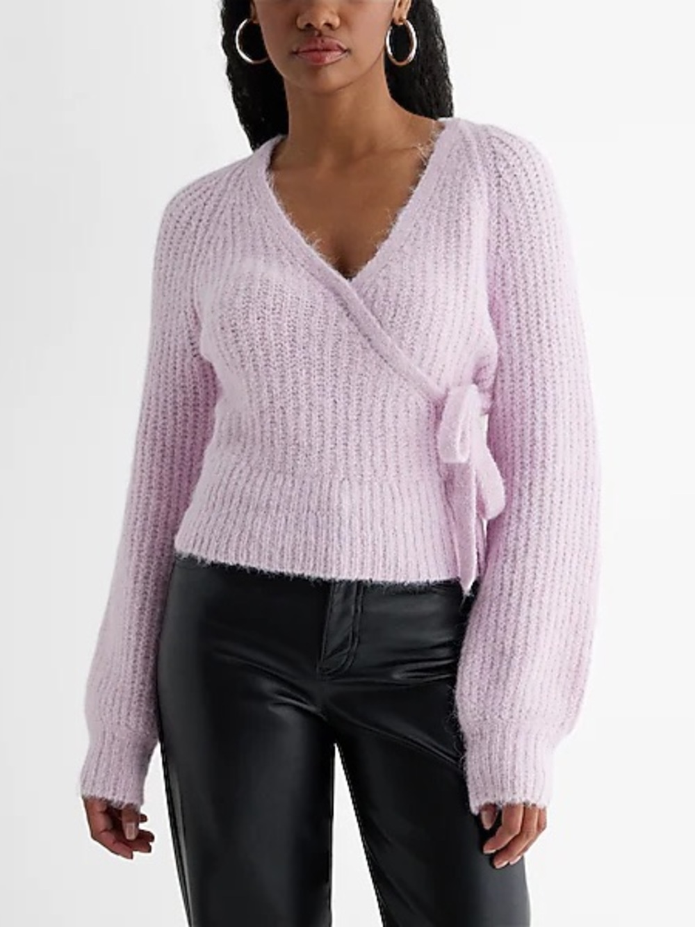 Express Fuzzy Ribbed Surplice Tie Sweater Lavender NWT M